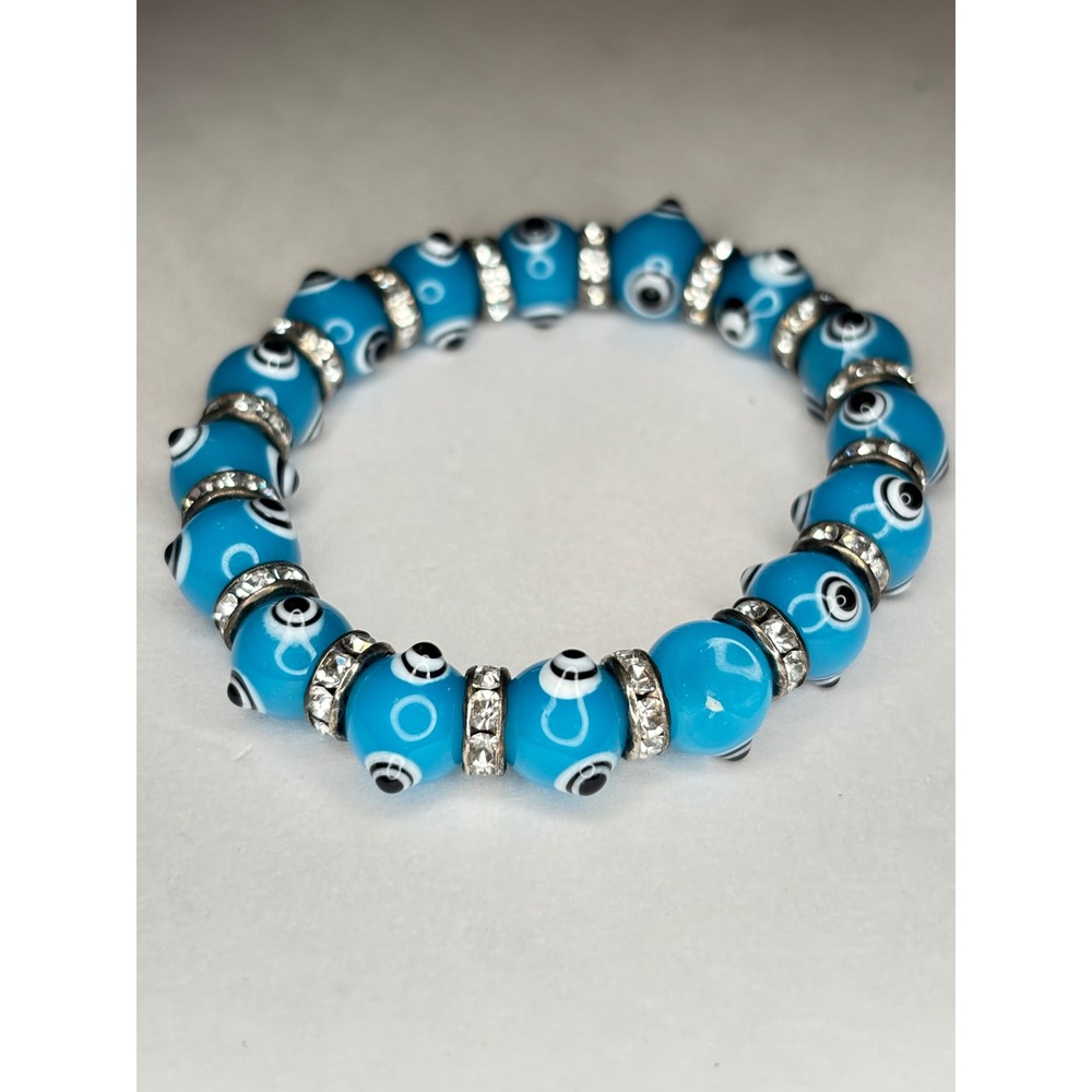 Blue Evil Eye Bracelet Lampwork Glass Beads Rhinestone Stretch Nazar Protection